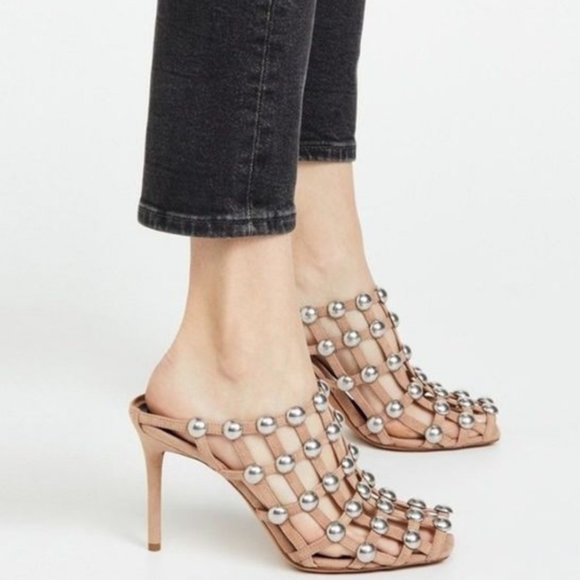 Alexander Wang Sadie Caged Studded Suede Mules Heels  Sz 40.5 - Picture 1 of 12